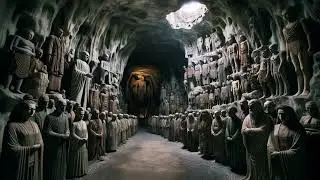 Period great cave hall full of terrifieing people fugures,