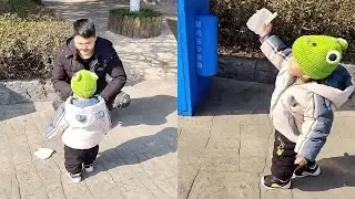 Dad pretends to throw garbage to see how the 14-month-old baby reacts