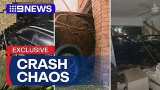 Crash carnage as two cars smash into several Brisbane homes | 9 News Australia
