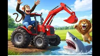 Clever Monkey Farmer Saves His Tractor Wheel Near Shark Lake | Farm Cartoon