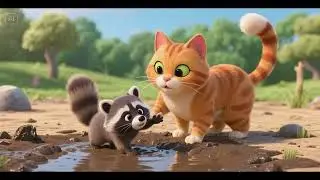 Mama Cat and Kitten Save Baby Raccoon in Mud Puddle 🐱🦝💦🎵 | Rescue Song for Kids