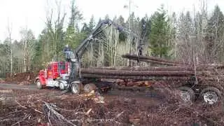 Self Loading log truck stacks a load.