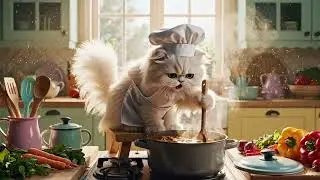 Cute White Furry AI Cat Cooking in Cozy Kitchen 🐱🍳 | Adorable Chef Cat Moments