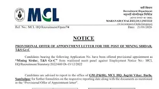 MCL Mining Sirdar Provisional Offer of Appointment Out! | Waitlist Merit Panel Selection 2026 