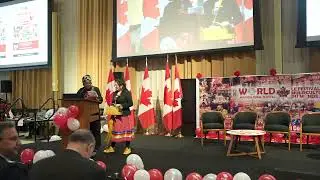 Protocol ceremony with offering tobacco pouch to Elder Verna Mc  Gregor, Nov 30th.Parliament Hill