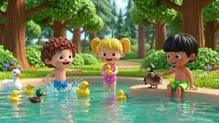 Cute Ducks with Kids in Water Pool | Fun Splash Time | Happy Kids & Duck Family Video