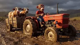 Monkey Tractor Stuck in Mud 😱 | Shocking Cow Farm Cartoon 🐄🐒