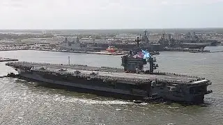 The aircraft carrier USS George Washington departed Norfolk Naval Station en route Southern sea