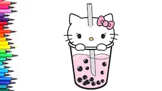 Hello Kitty in a cup of boba tea Drawing, Painting & Colouring for Kids and Toddlers_ Child Art 