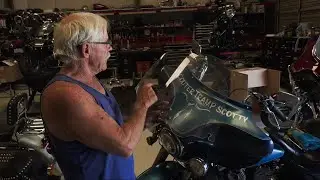 Scotty talks about cleaning, cutting, and installing the windshield for the new Harley bagger.