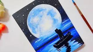 A Romantic Couple under the Moonlight / Full Moon Painting / Acrylic Painting for Beginners
