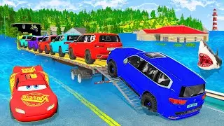 Triple Flatbed Trailer McQueen Transport | Speedbumps vs Cars vs Train (BeamNG) #28 🧨