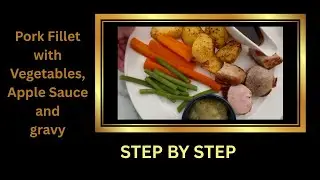 Roast Pork Fillet with Garlic and Paprika roast potatoes, Carrot Batons and Green Beans with gravy.