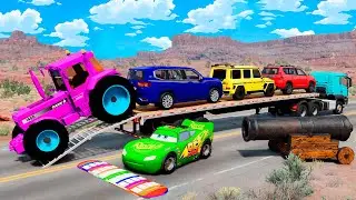Flatbed Truck McQueen | Transportation with Truck - Pathole vs Car #008 | BeamNG.Drive Gameplay