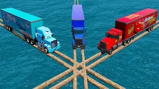 Mack Truck Vs Dinoco Truck Vs Transport Truck Vs 3 Parallel Cross Log Bridge Vs Water - BeamNG.Drive
