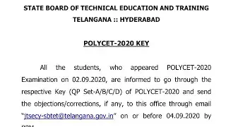Ts Polycet 2020 key is released || PDF link in description||