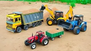Mini JCB 5CX Loads Red Tata Truck | Mahindra Arjun 605Di Cartoon Adventure