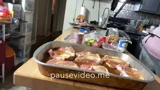 Pork chops over cream of celery rice and cabbage