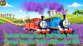 Colorful Cartoon Trains Puff Purple Smoke Through Lavender Fields with Bees and Kids