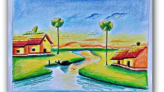 Village scenery drawing//Easy house scenery drawing//Three colour mix
