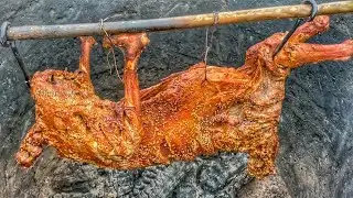 Roasting a Whole Goat on a Primitive Water Spit