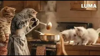 Papa Cat Cooking Pasta for His Kittens🍝