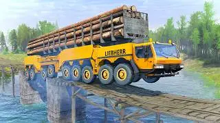 Giant Timber Truck Crosses Dangerous Damaged Bridge