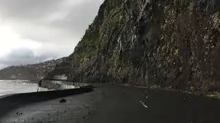 Road Antiga ER101 covered with fallen rocks in Madeira, Portugal