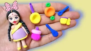Diy How to make polymer clay  indian girl play with kitchen set #kitchenset #dolliyon #diydollhouse
