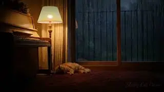 Sleepy Cat Piano by the Window 🌧️ Cozy Night Rain Music for Deep Sleep, Relax & Study