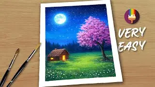 Easy Cherry Blossom Night Sky Acrylic Painting 🌸🌕 | Moonlight Step-by-Step for Beginners