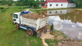 Many dump truck dumping soil with small bulldozer pushing soil cleaning water 