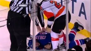 Ryan Callahan injury in scrum with Talbot 29 Jan 2013 Philadelpia Flyers vs NY Rangers NHL Hockey
