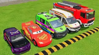TRANSPORTING CARS, AMBULANCE, POLICE CARS, FIRE TRUCK OF COLORS! WITH TRUCKS! - FS 22
