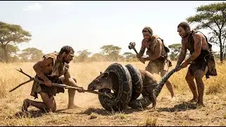 Early Homo habilis Save a tapir calf from a Giant python Amidst Falling Ash