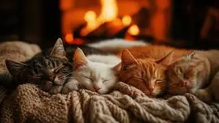Cozy Room Ambience with Napping Cats 🔥 Sleep Instantly with Fireplace And Purr Sound