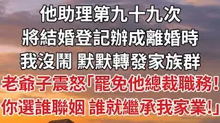 【完結】他助理第九十九次，將結婚登記辦成離婚時，我沒鬧 默默轉發家族群，老爺子震怒「罷免他總裁職務！你選誰聯姻 誰就繼承我家業！」#婚姻 #豪门
