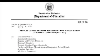 RESULT OF THE NATIONAL ASSESSMENT FOR THE SCHOOL HEADS FOR FY 2025 (BATCH 1)