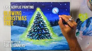 Easy Glowing Christmas Tree Painting - Acrylic Winter Night Tutorial for Beginners