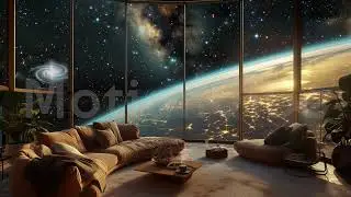 Animated Background, Cozy Big Warm Living Room, Big Earth, Milky Way Galaxy, Starry Sky, Space Room