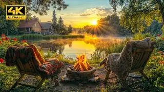 Escape to a Spring Vibes with Cozy Campfire Lakeside, Sunrise Ambience & Relax Forest Nature Sounds
