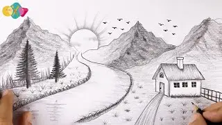 رسم منظر طبيعي سهل جدا بالرصاص للمبتدئين | تعلم رسم بالرصاص | How To Draw Simple Scenery With Pencil
