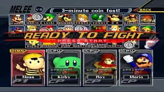 Ness VS Kirby VS Roy VS Mario | 3 Min Coin | Super Smash Bros Melee Fight 227