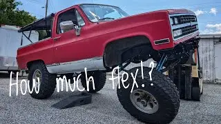 K5 Blazer on 40s, measuring for driveshafts and shocks...no talking, just music and B roll