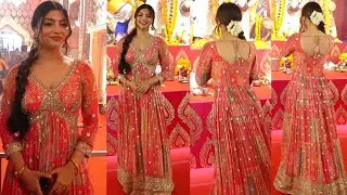Akanksha Puri Looking Beautiful In Red Outfit @ Durga Puja Snapped By Media