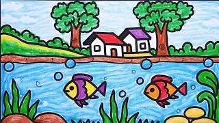 How to draw underwater scenery step by step/Simple village scenery drawing