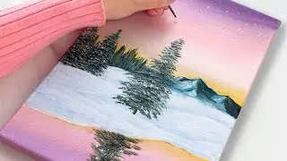 Easy Winter Night Acrylic Painting Tutorial / How to paint pine trees with snow
