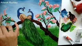 Colourful Peacock Pair Painting on Canvas | Acrylic Painting