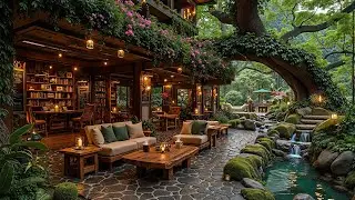 Fresh Outdoor Coffee Jazz at a Forest Waterfall 🌿 Smooth Jazz with Soft Strings & Nature Ambience
