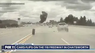 Truck tire flips car on California 118 highway
